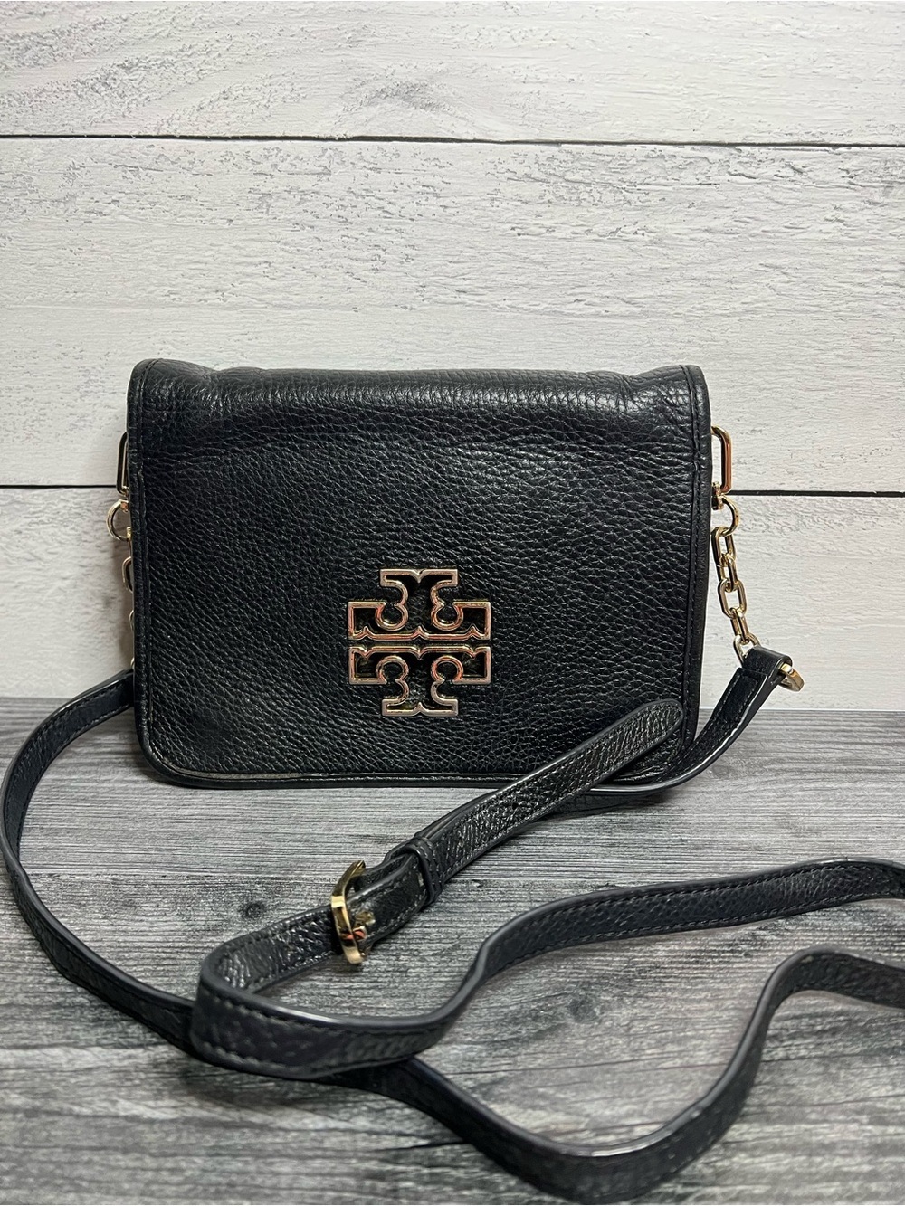 Tory Burch Black Pebbled Leather Crossbody Bag with Gold Hardware